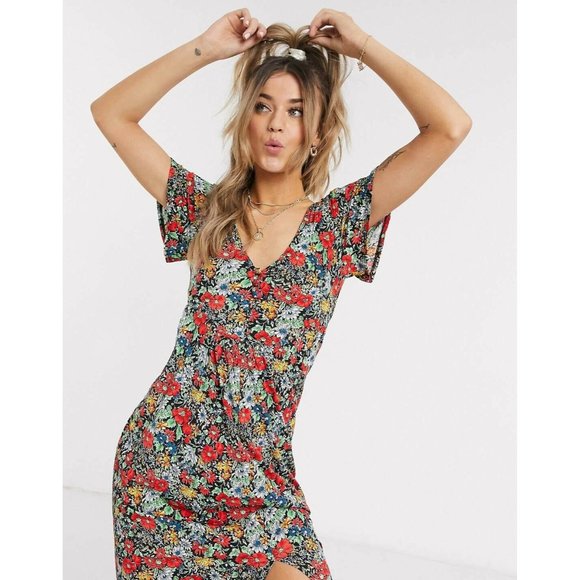 Asos vibrant multicolored floral vneck maxi short sleeve dress size 4 - Picture 3 of 11